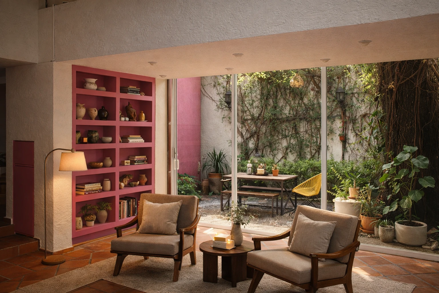 Interior de una residencia boutique con arquitectura, vegetación y luz natural