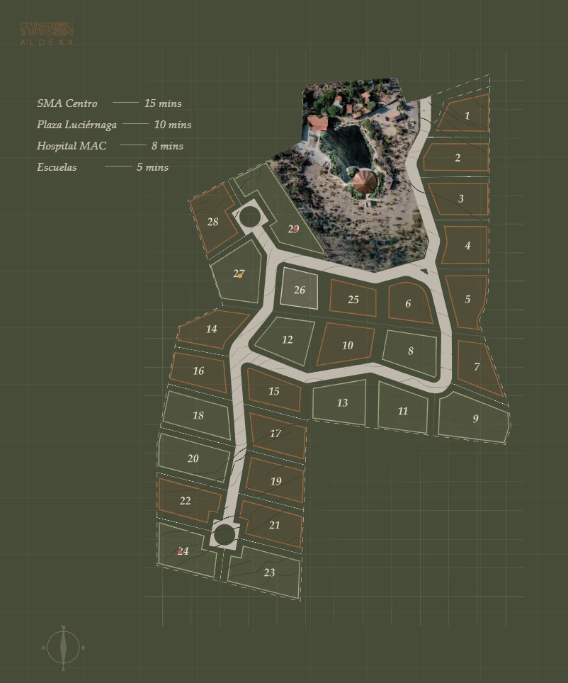 Mapa general de los 29 lotes de Aldea X y su distribución dentro del territorio