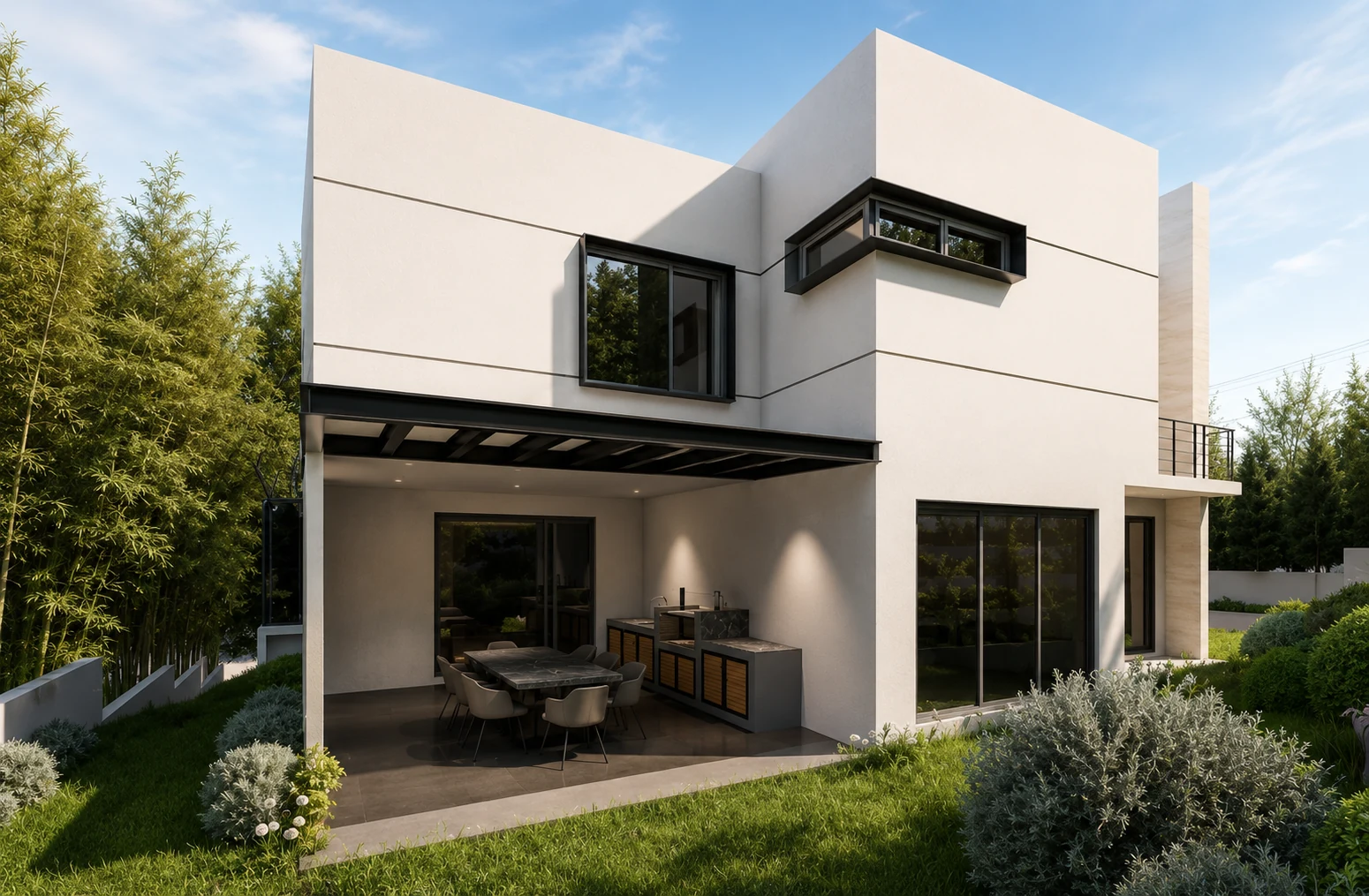 Fachada contemporánea de Casa Dalias en Rancho San Juan
