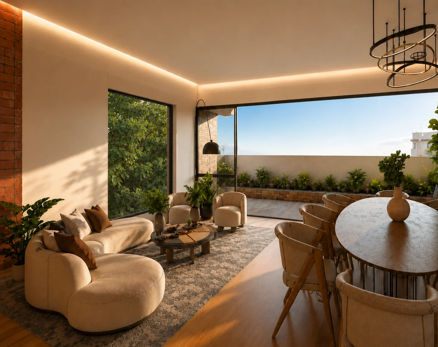 Sala y comedor de Vida Sana Gabriel Mancera con vista a la terraza